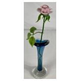 Vintage Seda Sweden MCM Glass Bud Vase with Pink Porcelain, FM Konstglas Bluebird and Unbranded Bird