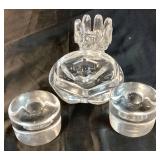 Orrefors Sweden Crystal Heavy Glass Shallow Bowl - signed, Orrefors Signed Round Lead Crystal Candlestick Holders and Vintage Kosta Boda Clear Glass Candle Holder