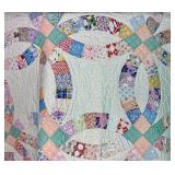 Vintage Handmade Double Wedding Ring Quilt - 80.5" x 80.5"