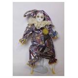 Vintage Porcelain Harlequin Clown Doll with Fabric Costume