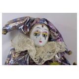 Vintage Porcelain Harlequin Clown Doll with Fabric Costume