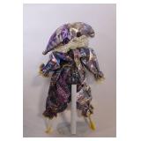Vintage Porcelain Harlequin Clown Doll with Fabric Costume
