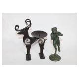 Pair of Decorative Metal Sculptures: Pan and Candle Holder Deer