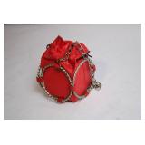 Red Leather Drawstring Bag with Chain Accents