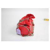Red Leather Drawstring Bag with Chain Accents