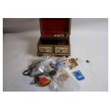 Vintage Wooden Jewelry Box with Miscellaneous Costume Jewelry Set