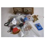 Vintage Wooden Jewelry Box with Miscellaneous Costume Jewelry Set