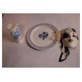 Vintage Ceramic Plate, Porcelain Vase, and Decorative Mask Set