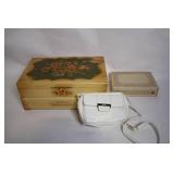 Vintage Hand-Painted Jewelry Box with Floral Design and White Handbag