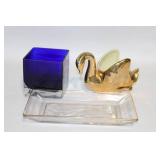 Set of Decorative Glassware: Gold Swan Dish, Cobalt Cube, and Tray