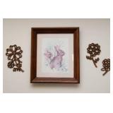Rabbit Print with Wooden Frame & Floral Wall Hangings