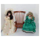 Lot of 2 Porcelain Dolls, Doll Chair & Doll Rocking Chair