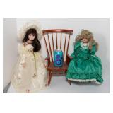 Lot of 2 Porcelain Dolls, Doll Chair & Doll Rocking Chair
