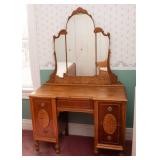 Antique Art Deco Wooden Vanity and Mirror with Burlwood Accents - 1930s