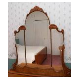 Antique Art Deco Wooden Vanity and Mirror with Burlwood Accents - 1930s