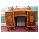 Antique Art Deco Wooden Vanity and Mirror with Burlwood Accents - 1930s