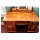 Antique Art Deco Wooden Vanity and Mirror with Burlwood Accents - 1930s