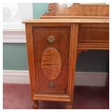 Antique Art Deco Wooden Vanity and Mirror with Burlwood Accents - 1930s