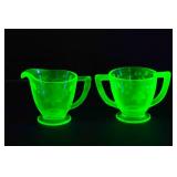 Uranium Glass Creamer and Sugar Bowl Set - Glows Under UV!
