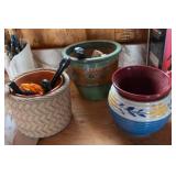 Five Ceramic Pots and Miscellaneous Gardening Utensils