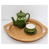 Green Dayspring Tea Pot with Matching Cup & Saucer on Woven Tray