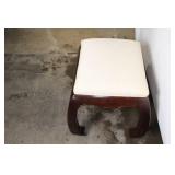 Elegant Dark Wood Footstool Ottoman with Geometric Upholstery