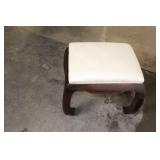 Elegant Dark Wood Footstool Ottoman with Geometric Upholstery