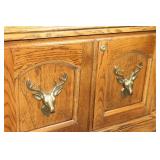 Rustic Oak Display Gun Cabinet with Glass Door and Deer Accents