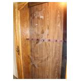 Rustic Oak Display Gun Cabinet with Glass Door and Deer Accents
