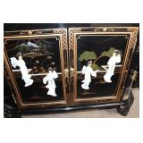 Vintage Black Lacquered Bar Cabinet with Asian Motif