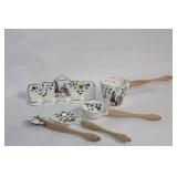 Vintage Floral Ceramic Kitchen Utensil Set with Wooden Handles and Wall Holder