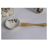Vintage Floral Ceramic Kitchen Utensil Set with Wooden Handles and Wall Holder