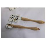 Vintage Floral Ceramic Kitchen Utensil Set with Wooden Handles and Wall Holder