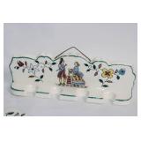 Vintage Floral Ceramic Kitchen Utensil Set with Wooden Handles and Wall Holder