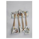 Vintage Floral Ceramic Kitchen Utensil Set with Wooden Handles and Wall Holder