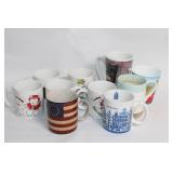 Collection of 11 Assorted Ceramic Coffee Mugs with Various Designs