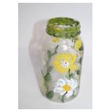 Hand-Painted Glass Jar with Green Rim and Floral Design