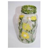 Hand-Painted Glass Jar with Green Rim and Floral Design