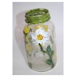 Hand-Painted Glass Jar with Green Rim and Floral Design