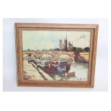 Framed Vintage Painting of Boats by Notre Dame