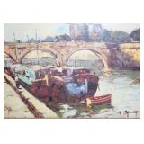 Framed Vintage Painting of Boats by Notre Dame