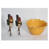 Yellow Scalloped Ceramic Bowl and Rustic Wooden Chicken Decor Pair