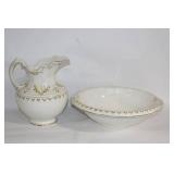 Antique Washbasin and Pitcher Set with Gold Detailing