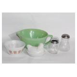 Vintage Kitchenware Collection: Jadeite Mixing Bowl, Milk Glass Hen Dish, Salt & Pepper Shakers Set
