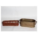 Set of Wicker Basket and Brass Tub with Handles