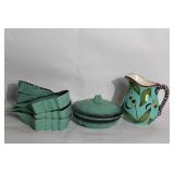 Rio Grande Pottery Green Leaf Dish Set with Pitcher