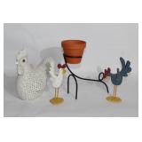 Set of Ceramic and Decorative Roosters with Plant Holder Stand
