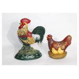 Pair of 2 Cast Iron Rooster and Hen Doorstops