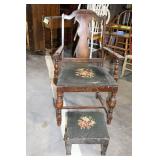 Vintage Wooden Chair with Floral Upholstery and Matching Footstool