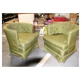 Pair of Vintage Green Upholstered Barrel Chairs